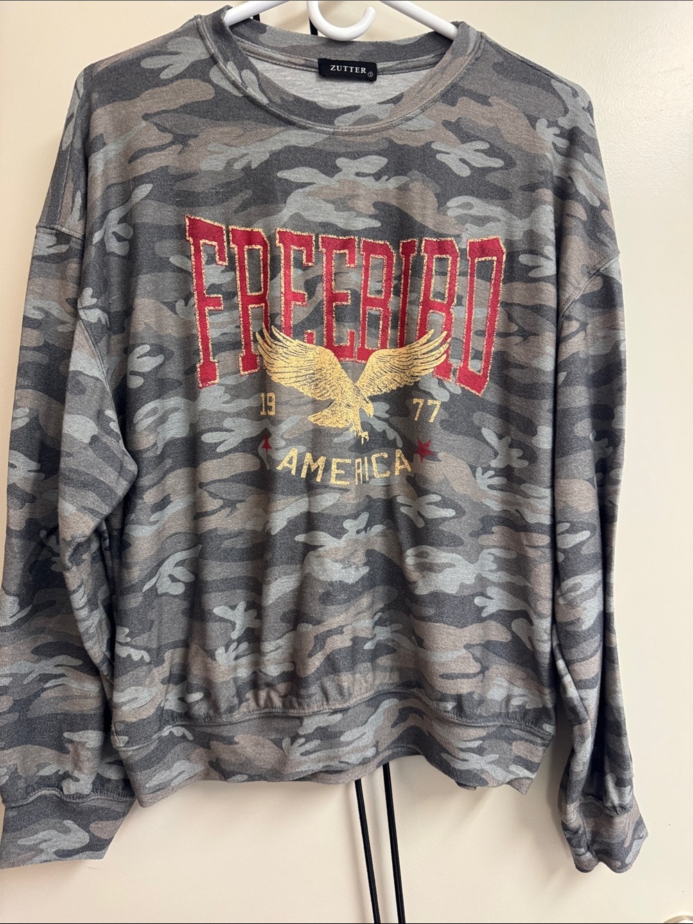 Zutter Women's Gray Camo Long Sleeve Tee with Red & Gold Graphic